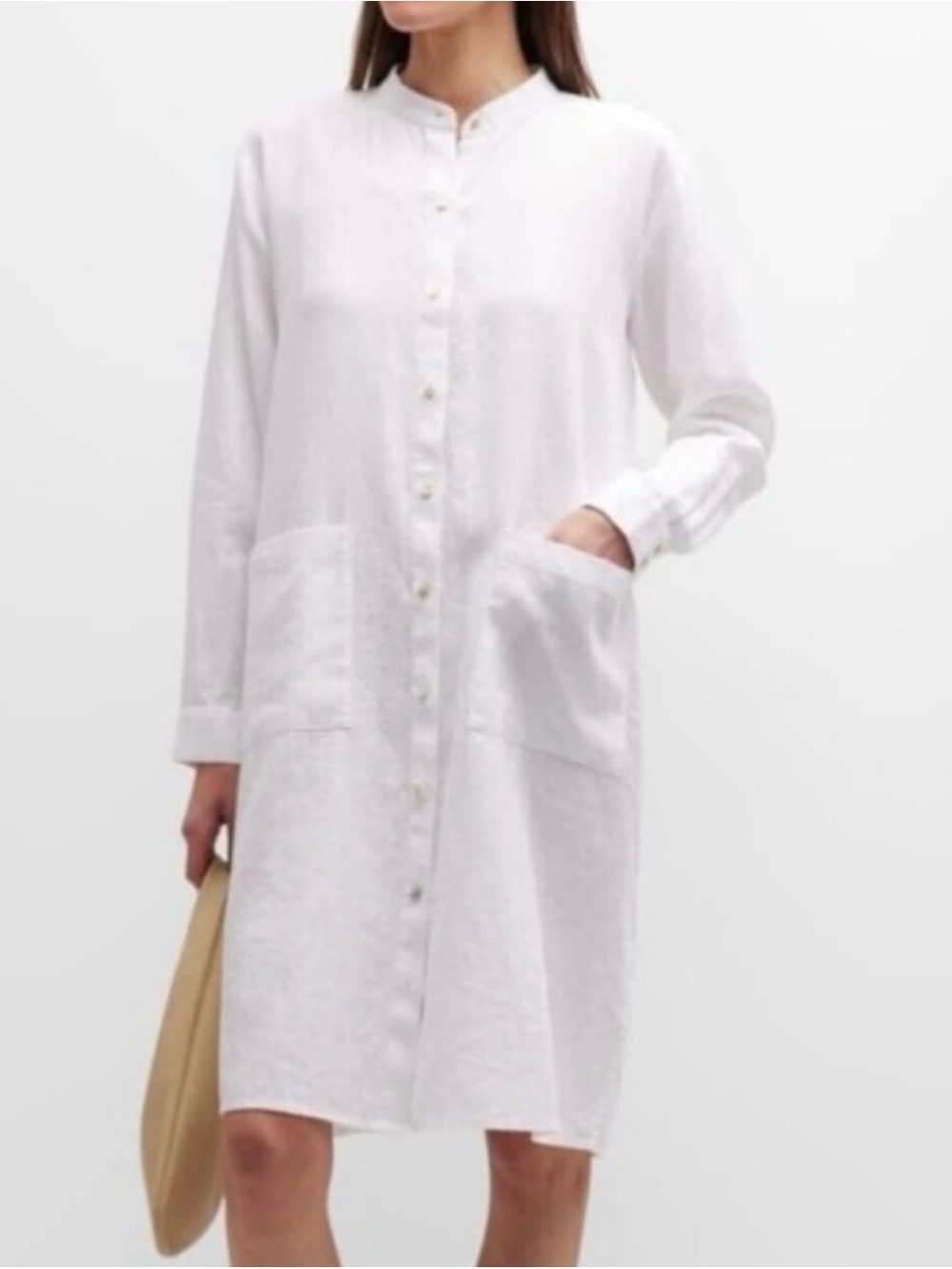 Eileen Fisher White Long-Sleeve Button-Front Shirt Dress